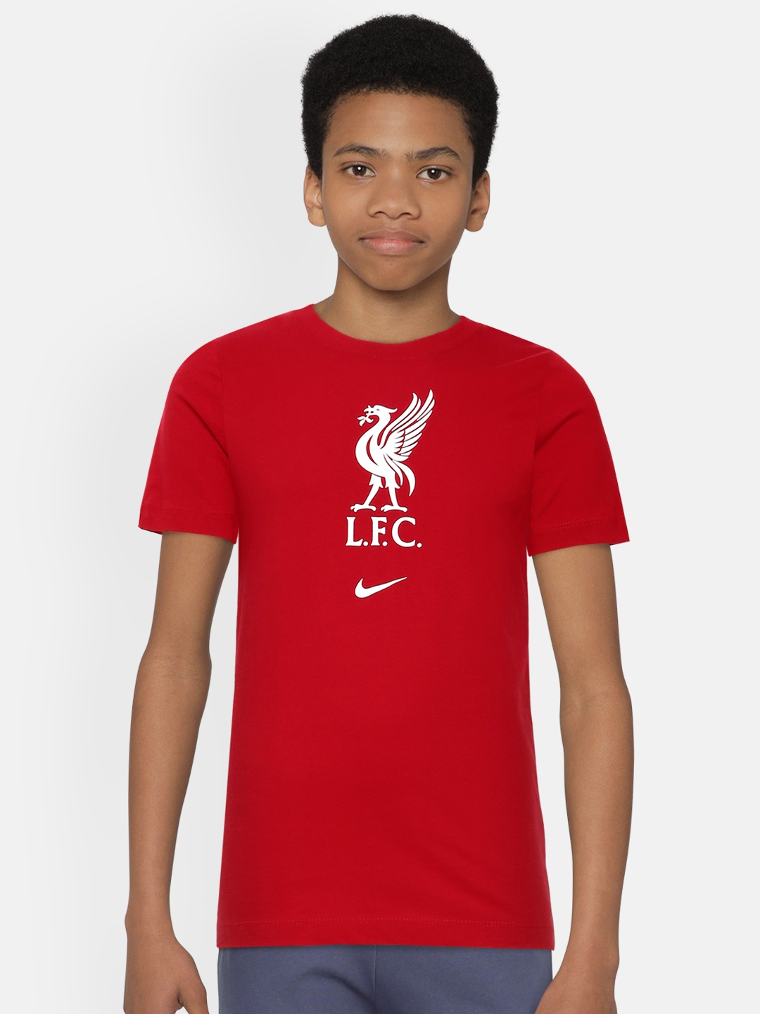 

Nike Boys Red Liverpool FC EVERGREEN CREST Printed Round Neck Pure Cotton T-shirt