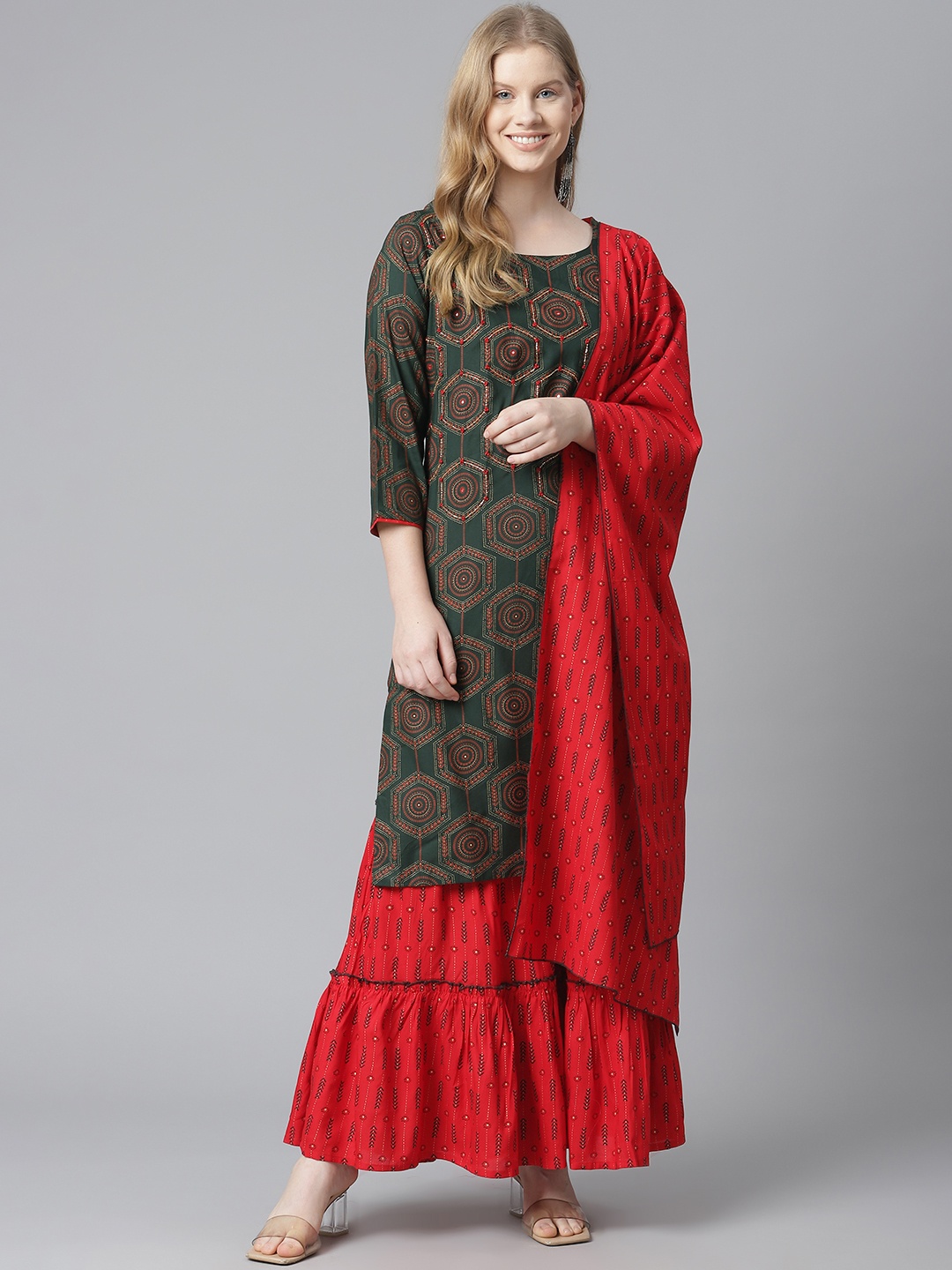 

HIGHLIGHT FASHION EXPORT Women Green Printed Zardozi Kurta with Sharara & Dupatta