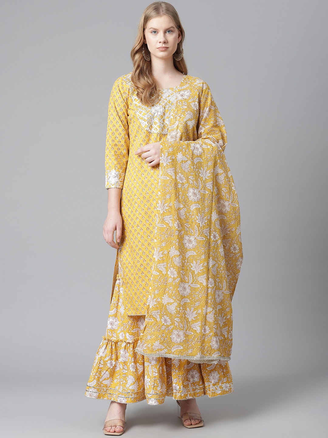 

HIGHLIGHT FASHION EXPORT Women Yellow & White Floral Printed Kurta with Sharara & Dupatta