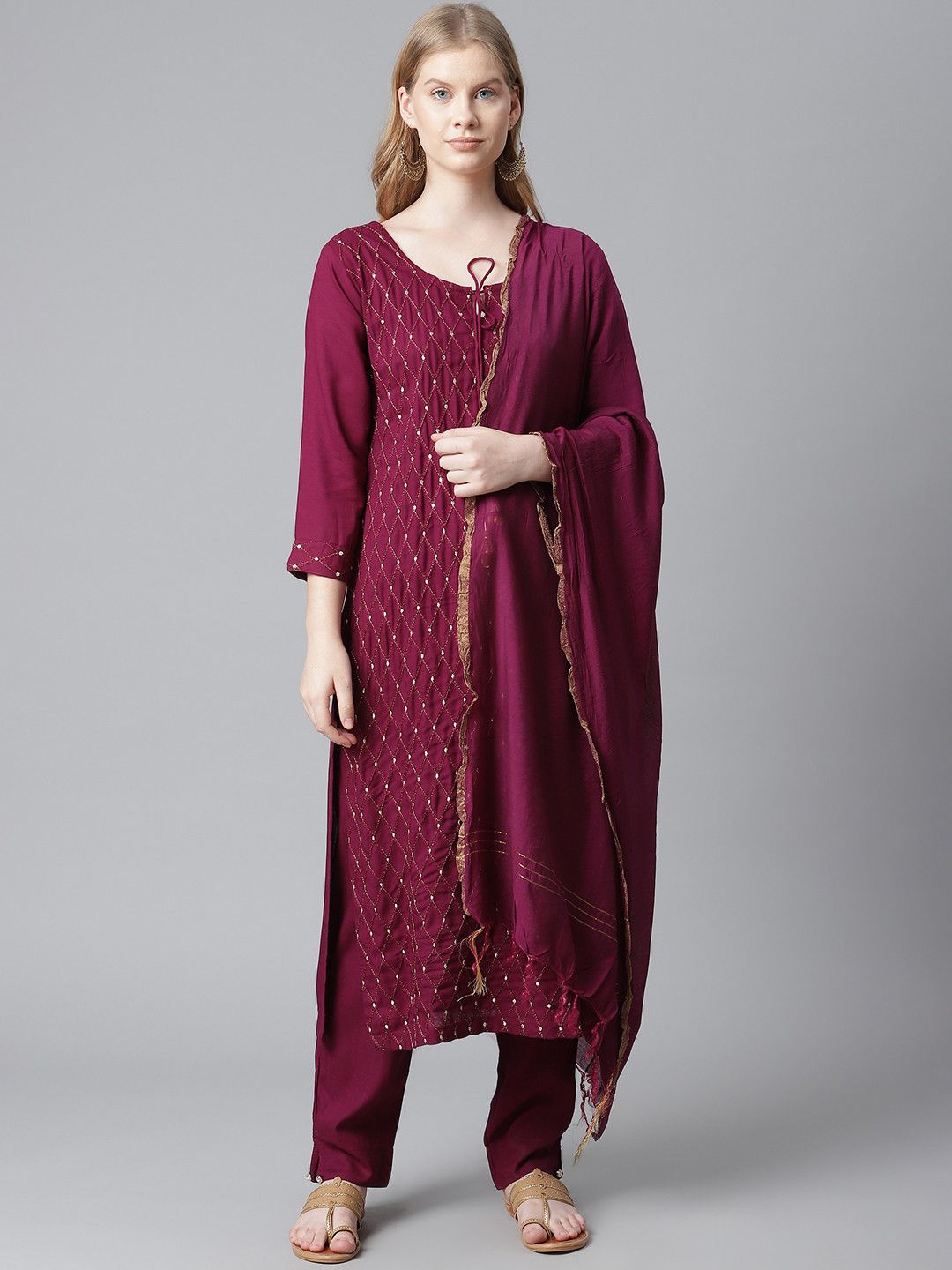 

HIGHLIGHT FASHION EXPORT Women Burgundy Embroidered Thread Work Kurta with Trousers & With Dupatta