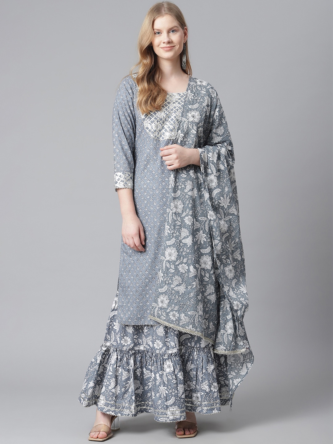 

HIGHLIGHT FASHION EXPORT Women Grey & White Cotton Printed Kurta with Sharara & Dupatta