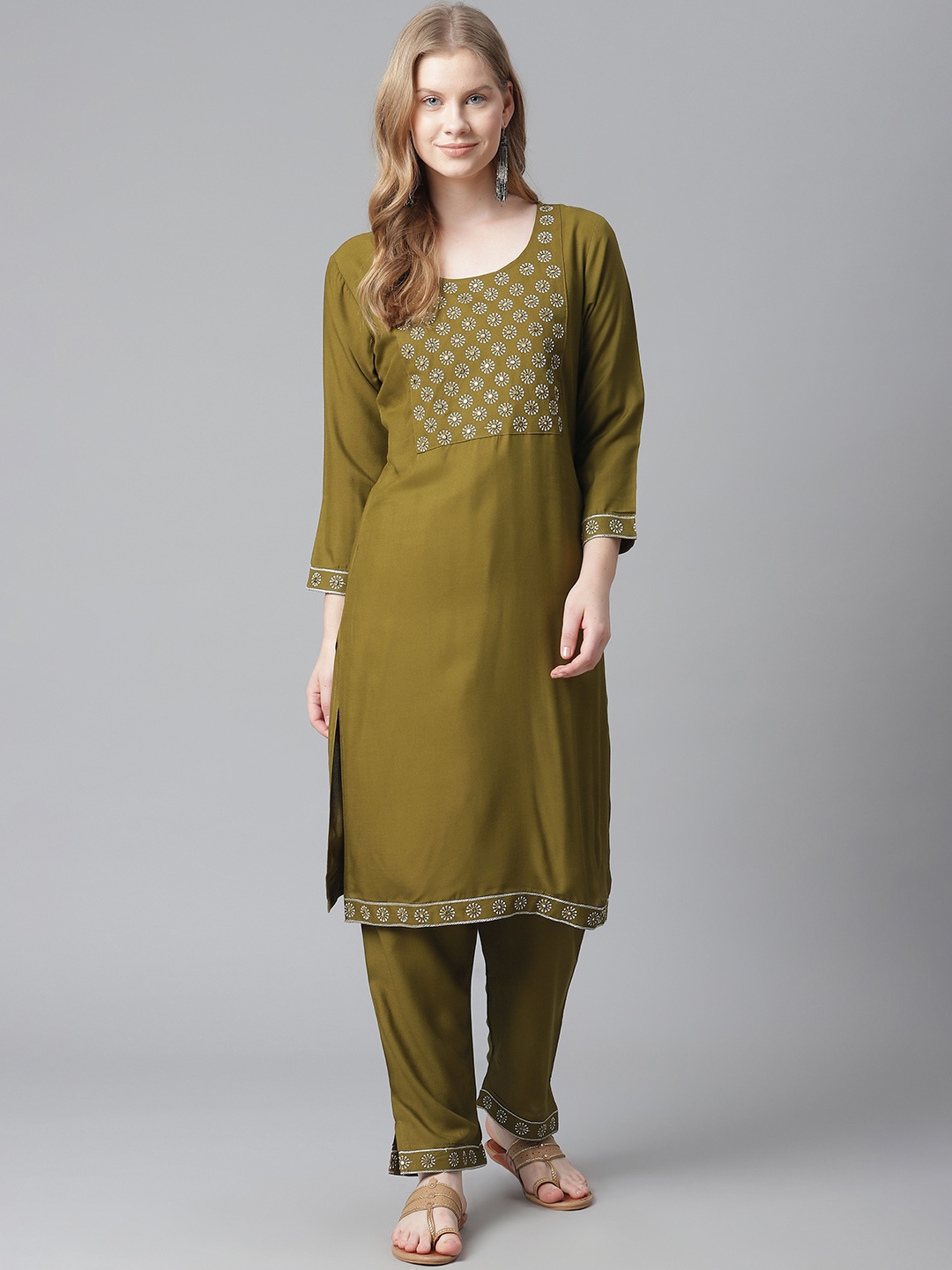 

HIGHLIGHT FASHION EXPORT Women Olive Green Yoke Design Kurta with Trousers