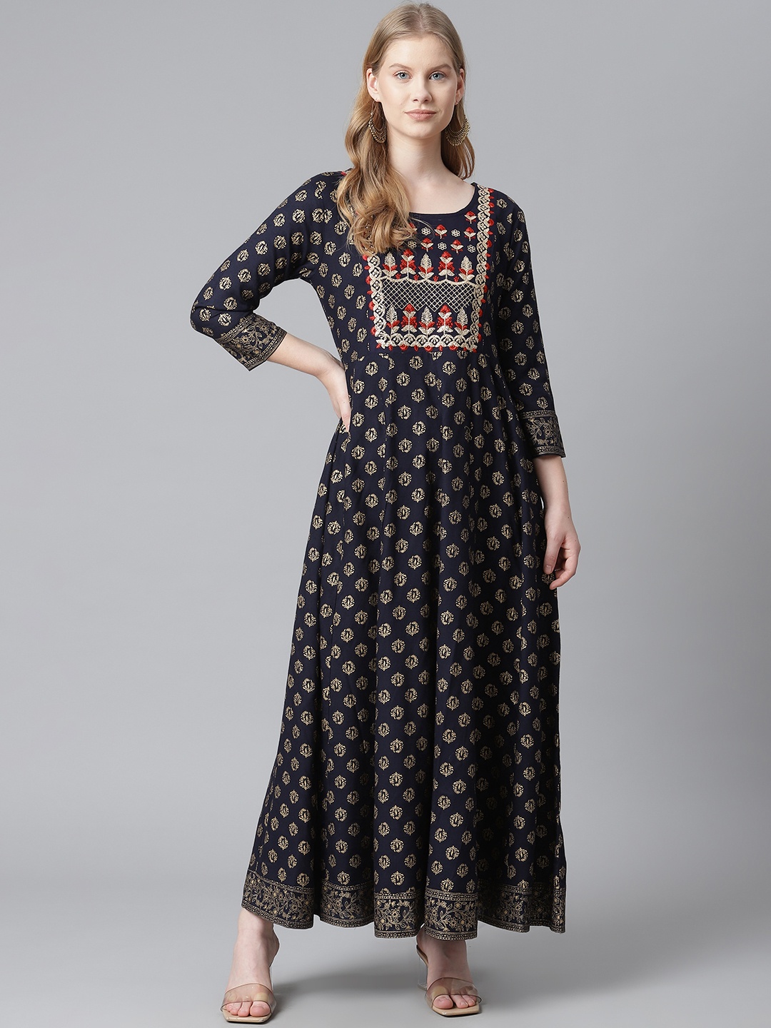 

HIGHLIGHT FASHION EXPORT Women Navy Blue & Golden Ethnic Motifs Embroidered Maxi Dress
