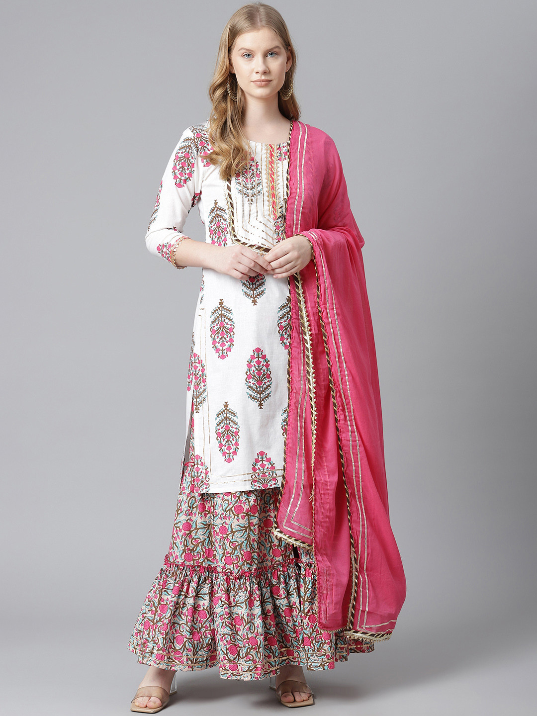 

HIGHLIGHT FASHION EXPORT Women Off White & Pink Printed Kurta with Sharara & Dupatta
