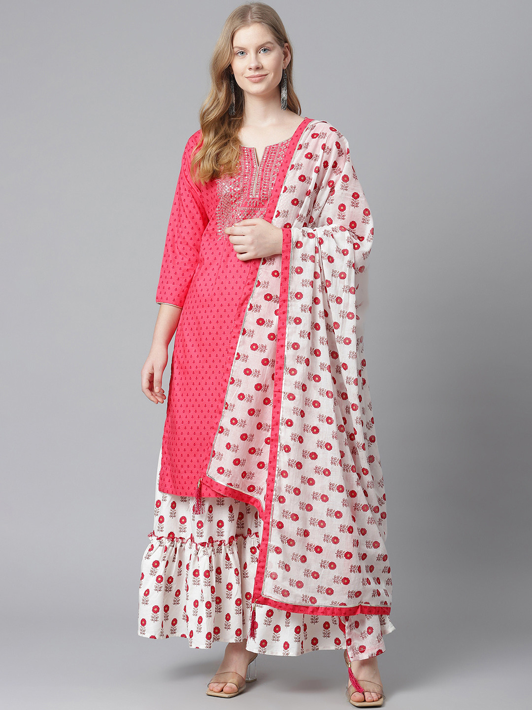 

HIGHLIGHT FASHION EXPORT Women Pink Ethnic Motifs Print Kurta with Sharara & Dupatta