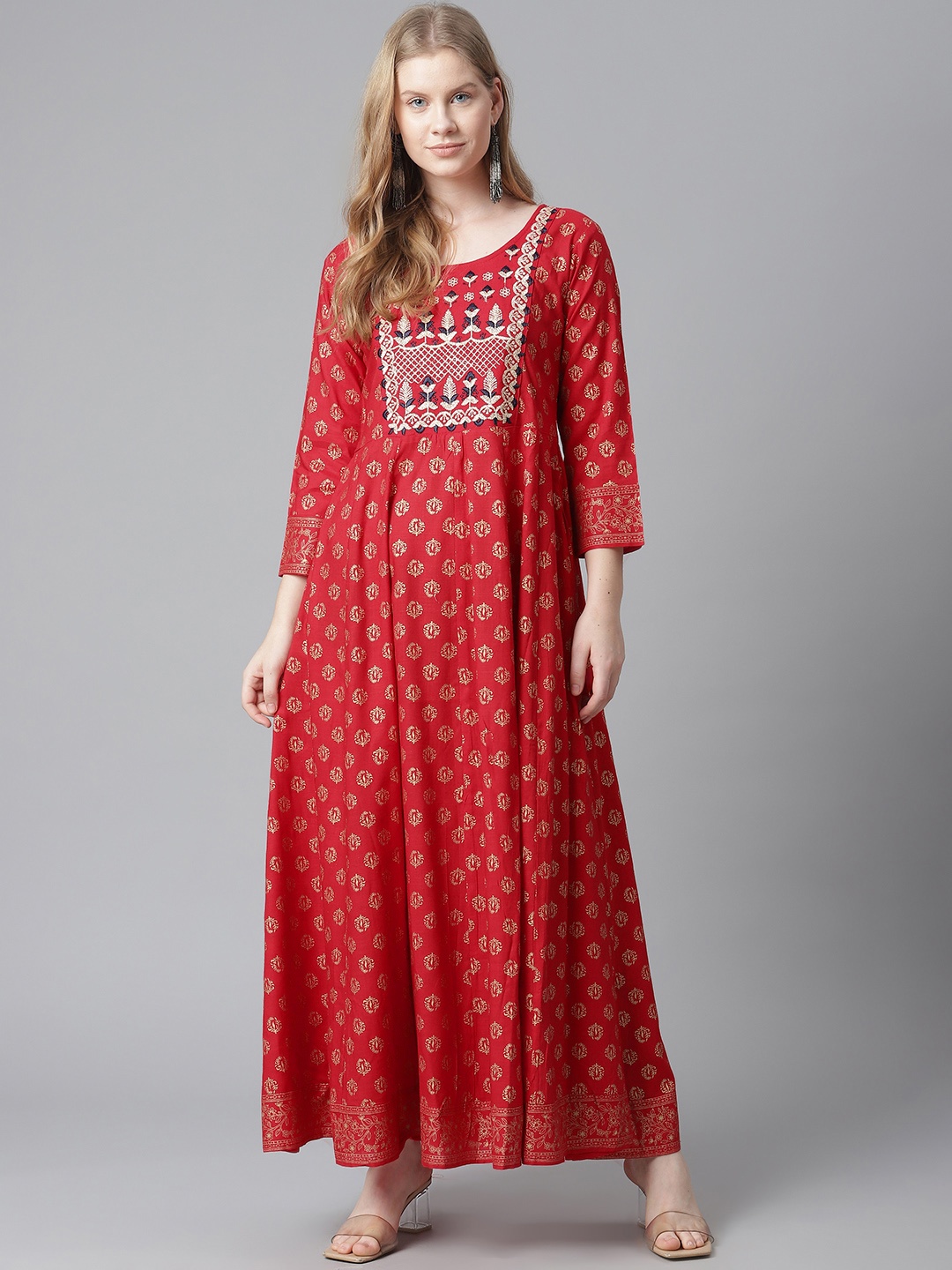 

HIGHLIGHT FASHION EXPORT Red & Golden Ethnic Motifs Ethnic Maxi Dress