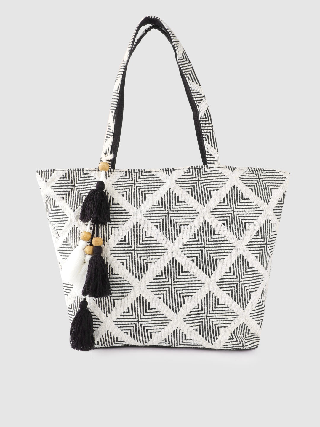 

Anouk White & Black Geometric Jacquard Self Design Shoulder Bag with Tasselled