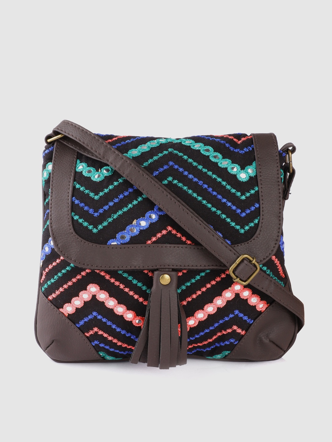 

Anouk Black & Blue Chevron Embroidered Sling Bag with Tasselled & Mirror-Work Detail