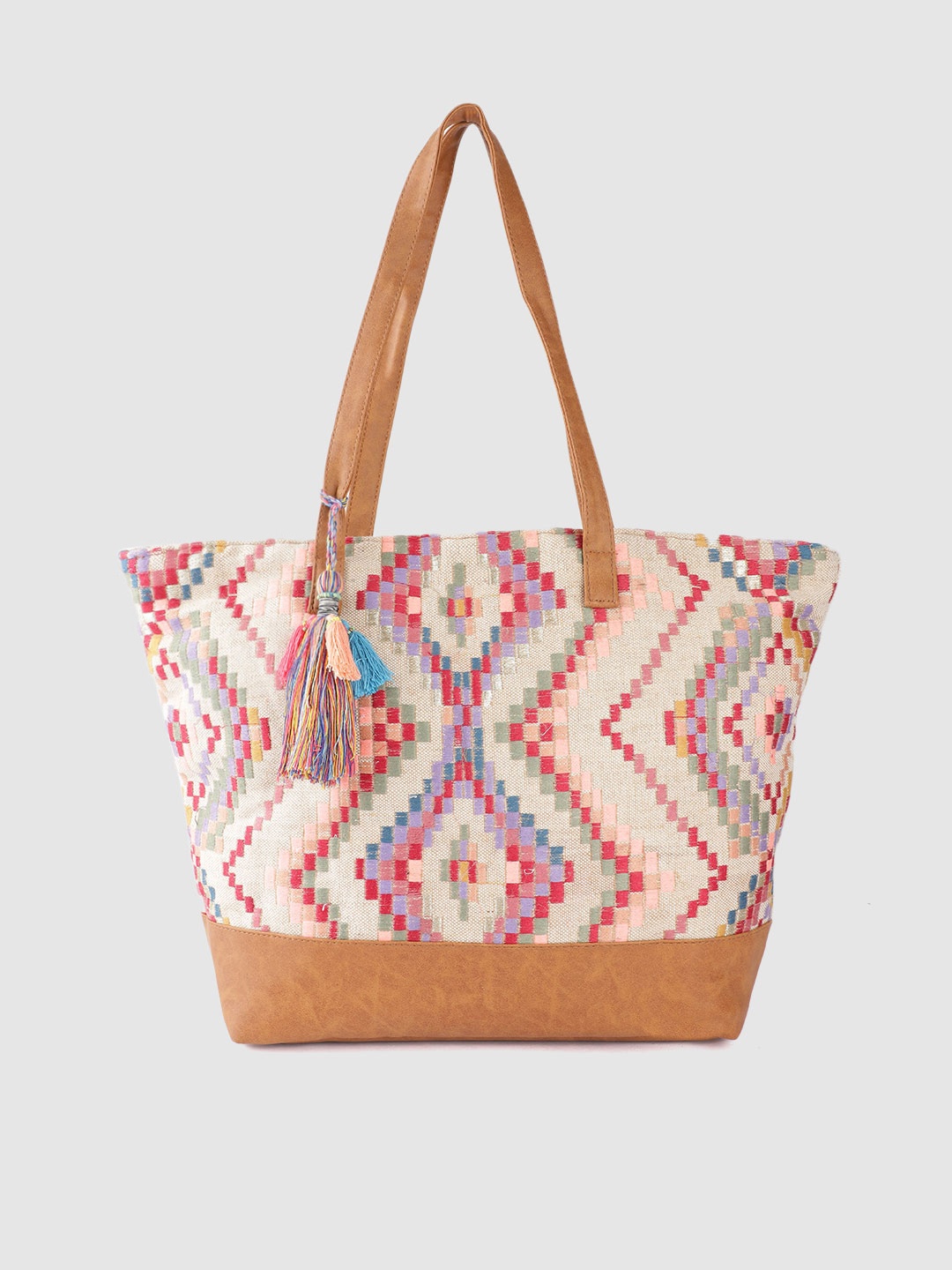 

Anouk Off-White & Pink Geometric Embroidered Shoulder Bag