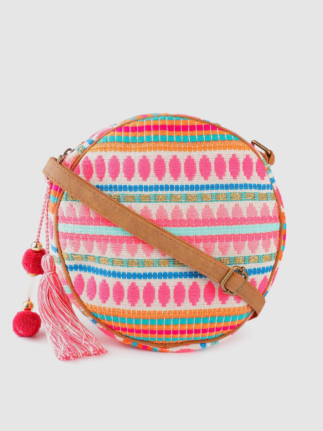 

Anouk Pink & White Ethnic Motifs Jacquard Self Design Sling Bag
