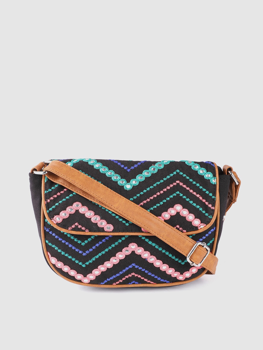 

Anouk Black& Green Embroidered Structured Sling Bag with Mirror Work