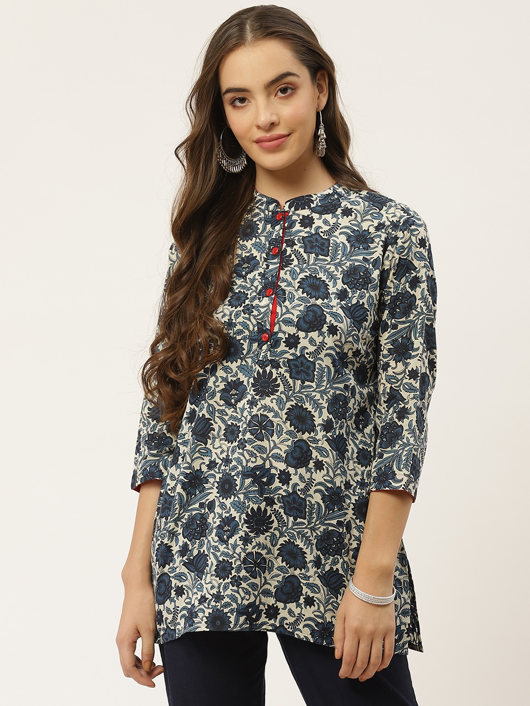 

FABRIC FITOOR Women Navy Blue & White Pure Cotton Ethnic Printed Straight Kurti