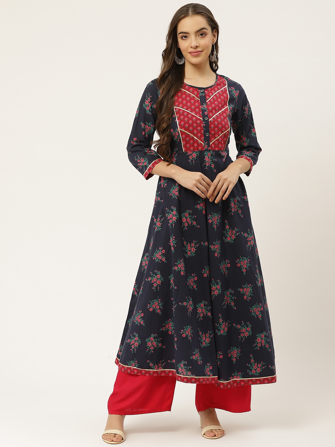 

FABRIC FITOOR Women Navy Blue & Pink Floral Printed Floral Kurta