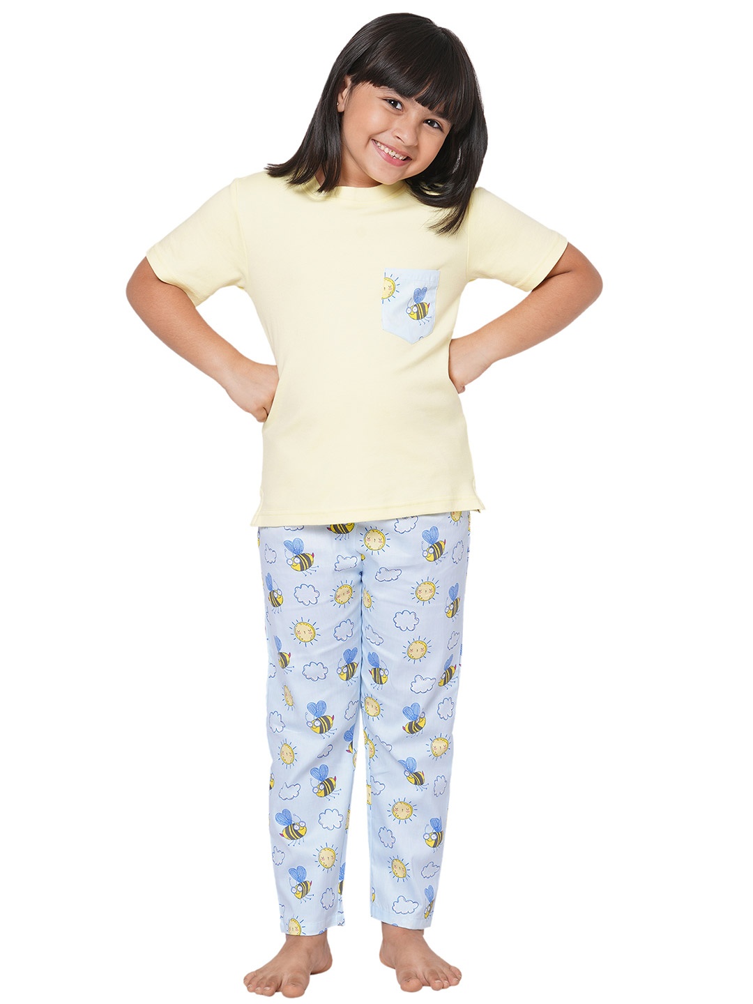 

CASA DE NEE NEE Unisex Kids Yellow & Blue Solid Pure Cotton Night Suit