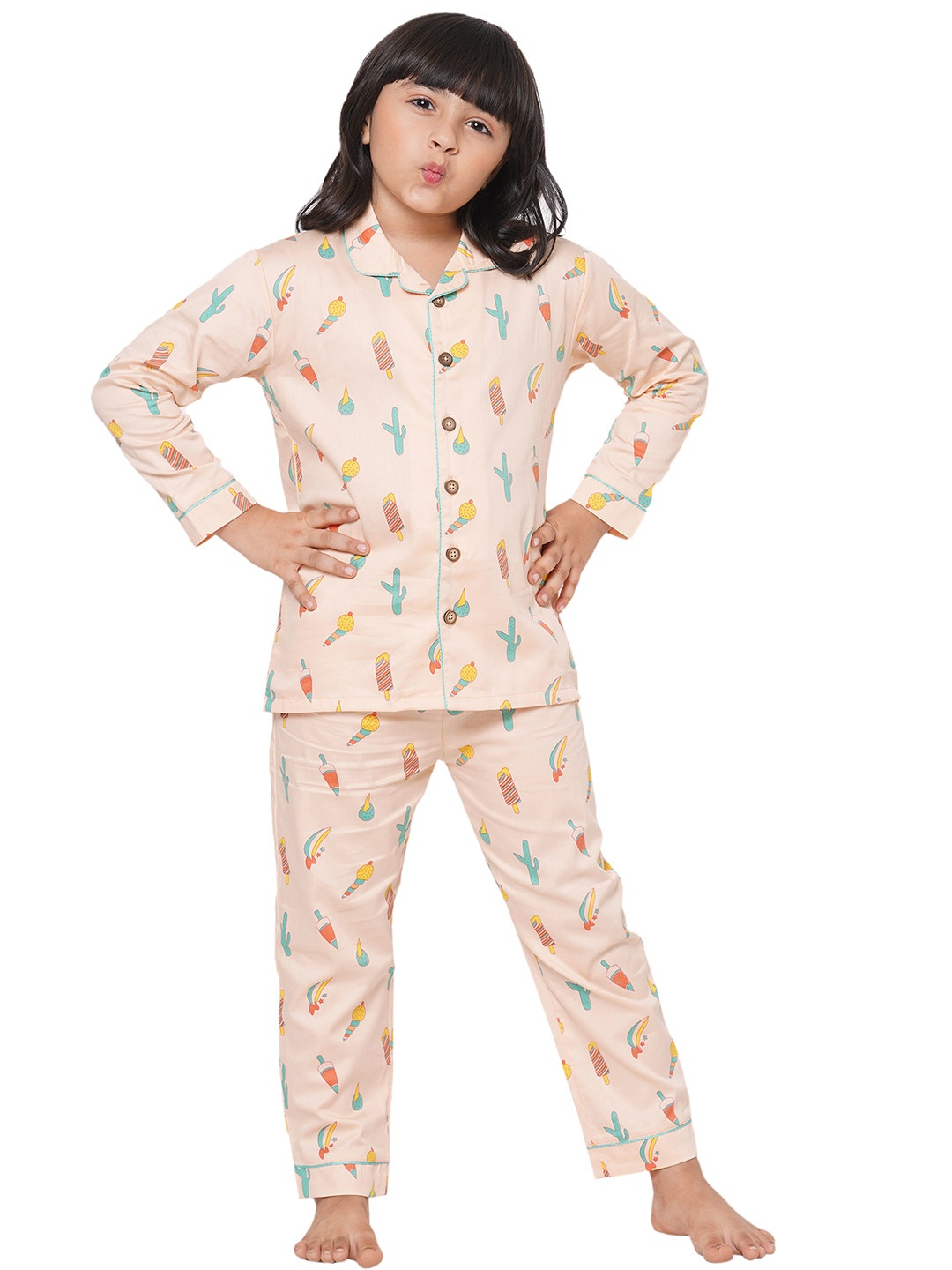 

CASA DE NEE NEE Unisex Peach-Coloured & Yellow Printed Cotton Night suit