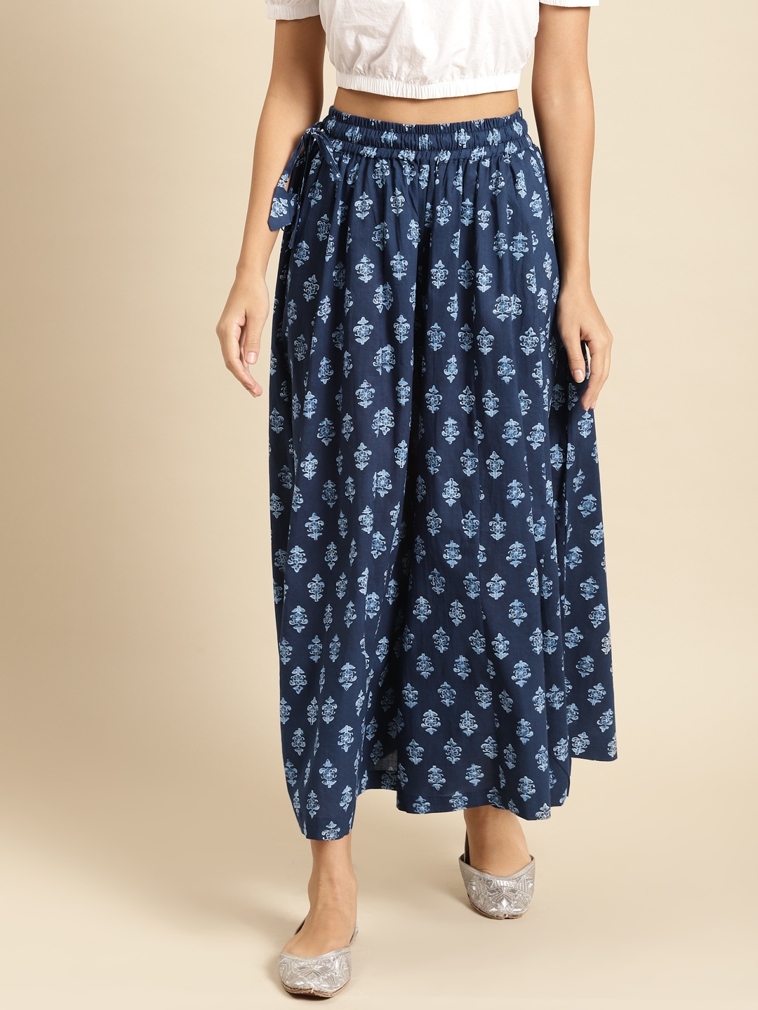 

TAG 7 Women Navy Blue & White Printed Flared Palazzos