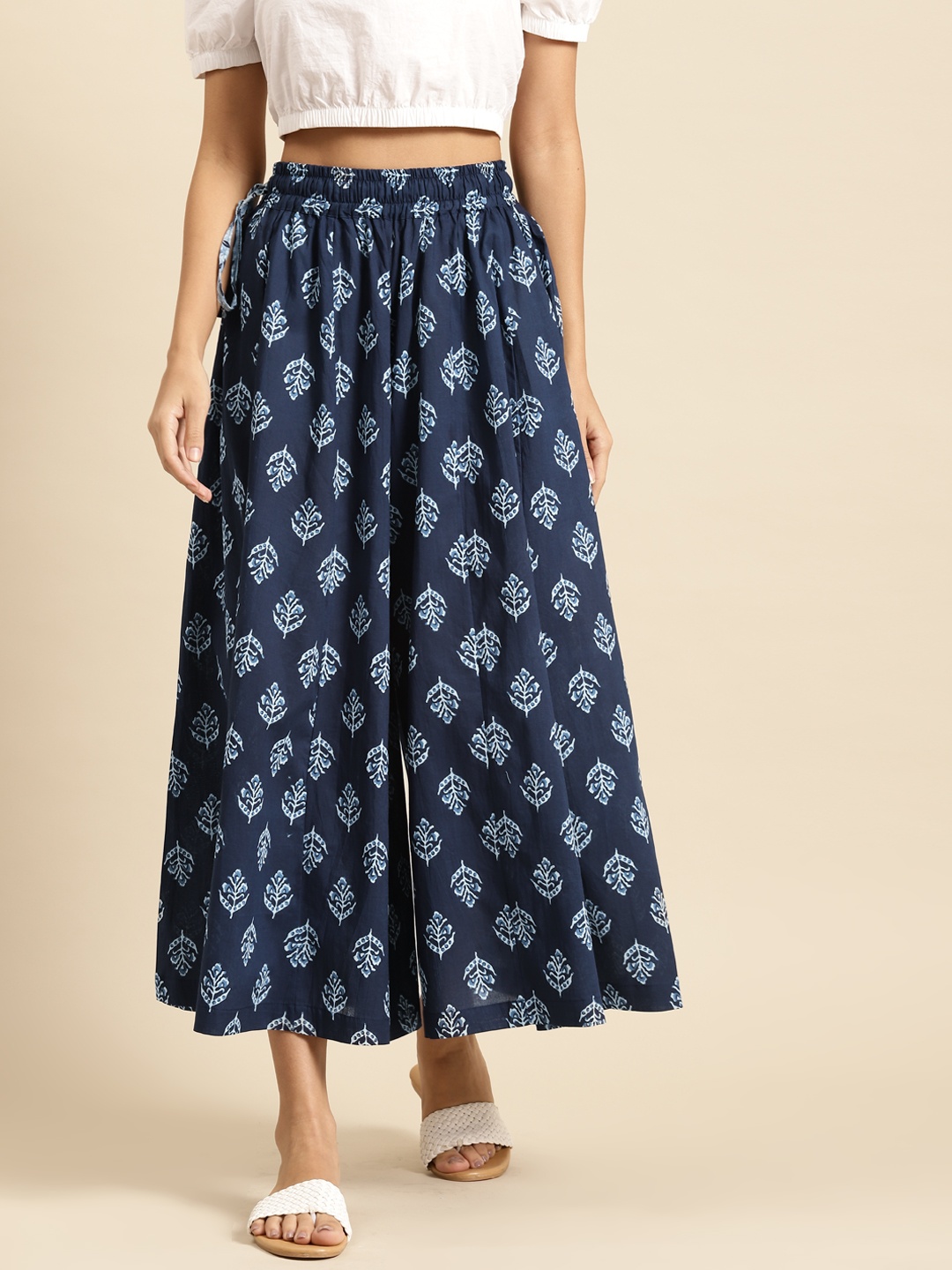 

TAG 7 Women Navy Blue & White Printed Flared Palazzos