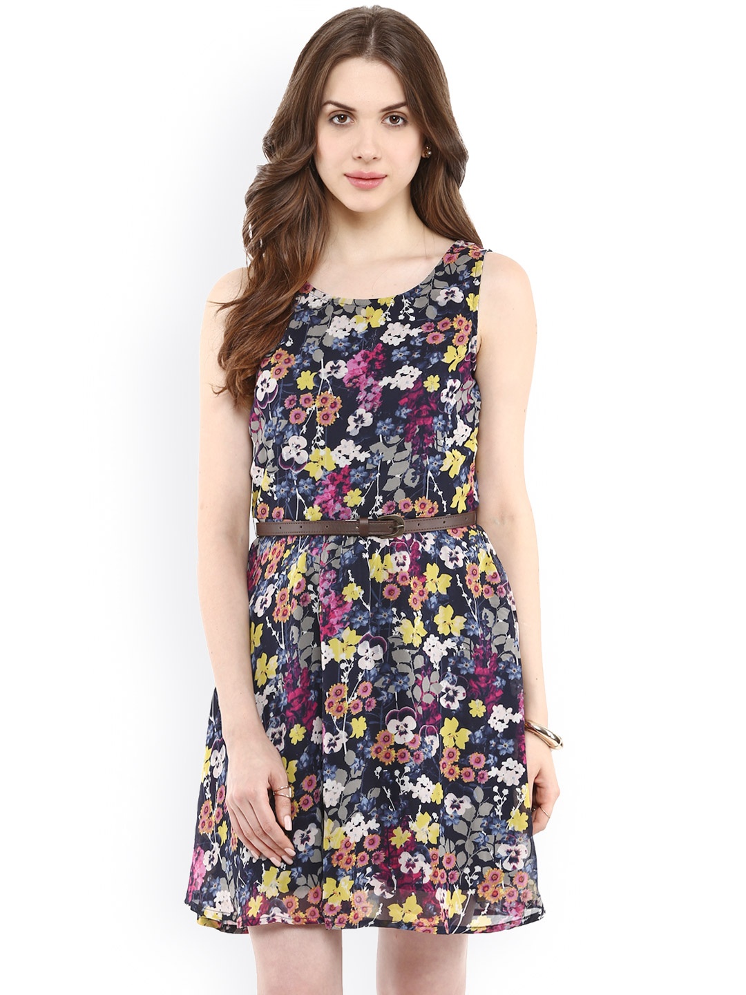 

La Zoire Navy Floral Print Polyester Fit & Flare Dress, Navy blue