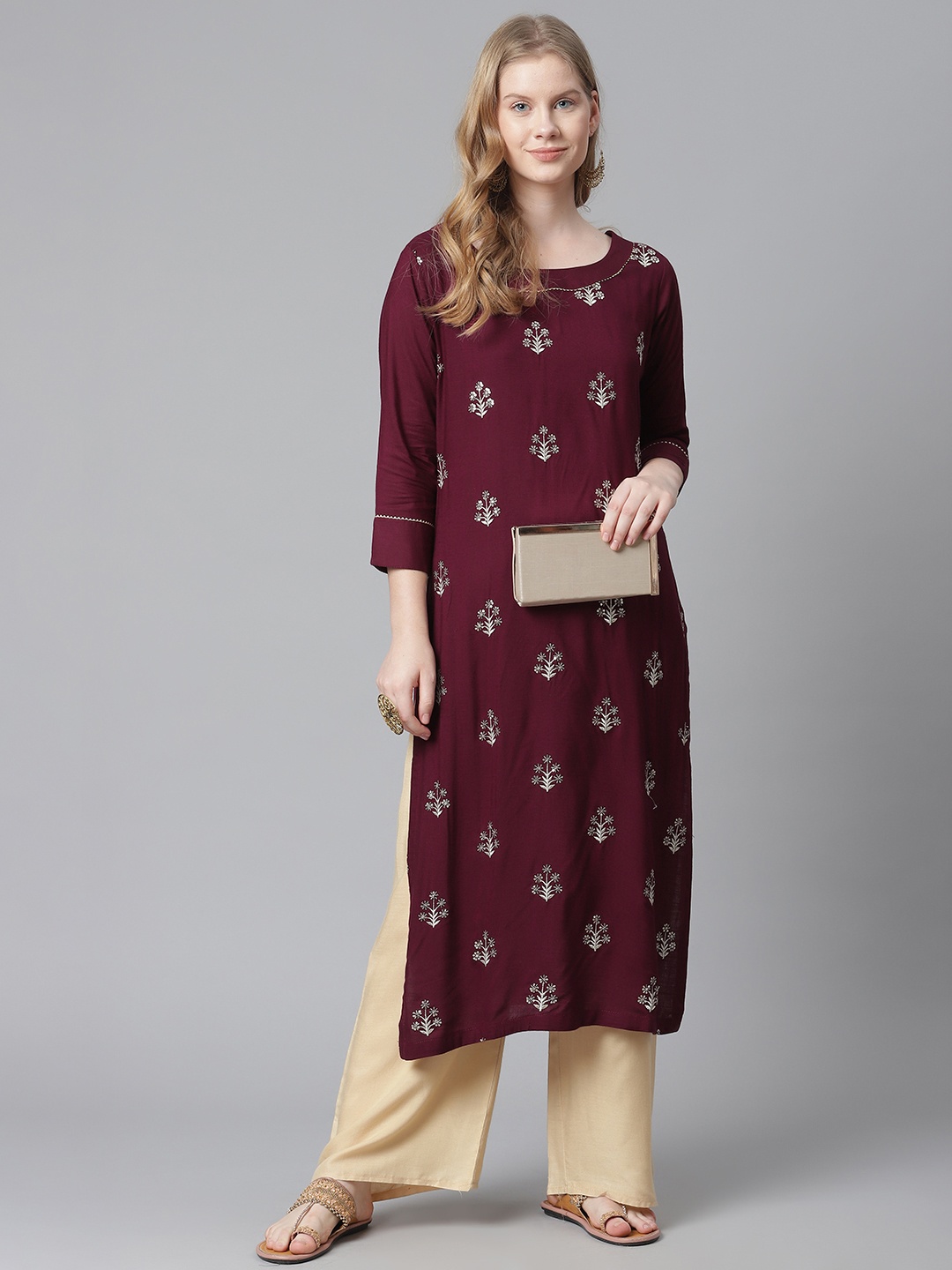 

HIGHLIGHT FASHION EXPORT Women Magenta & Golden Ethnic Motifs Embroidered Kurta