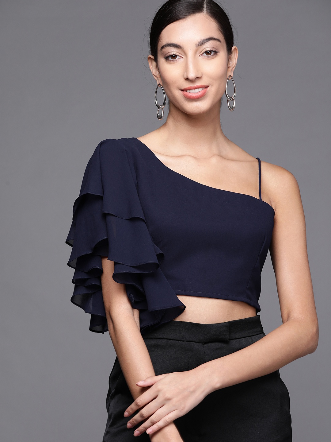 

Inddus Navy Blue One Shoulder Ruffled Crop Top