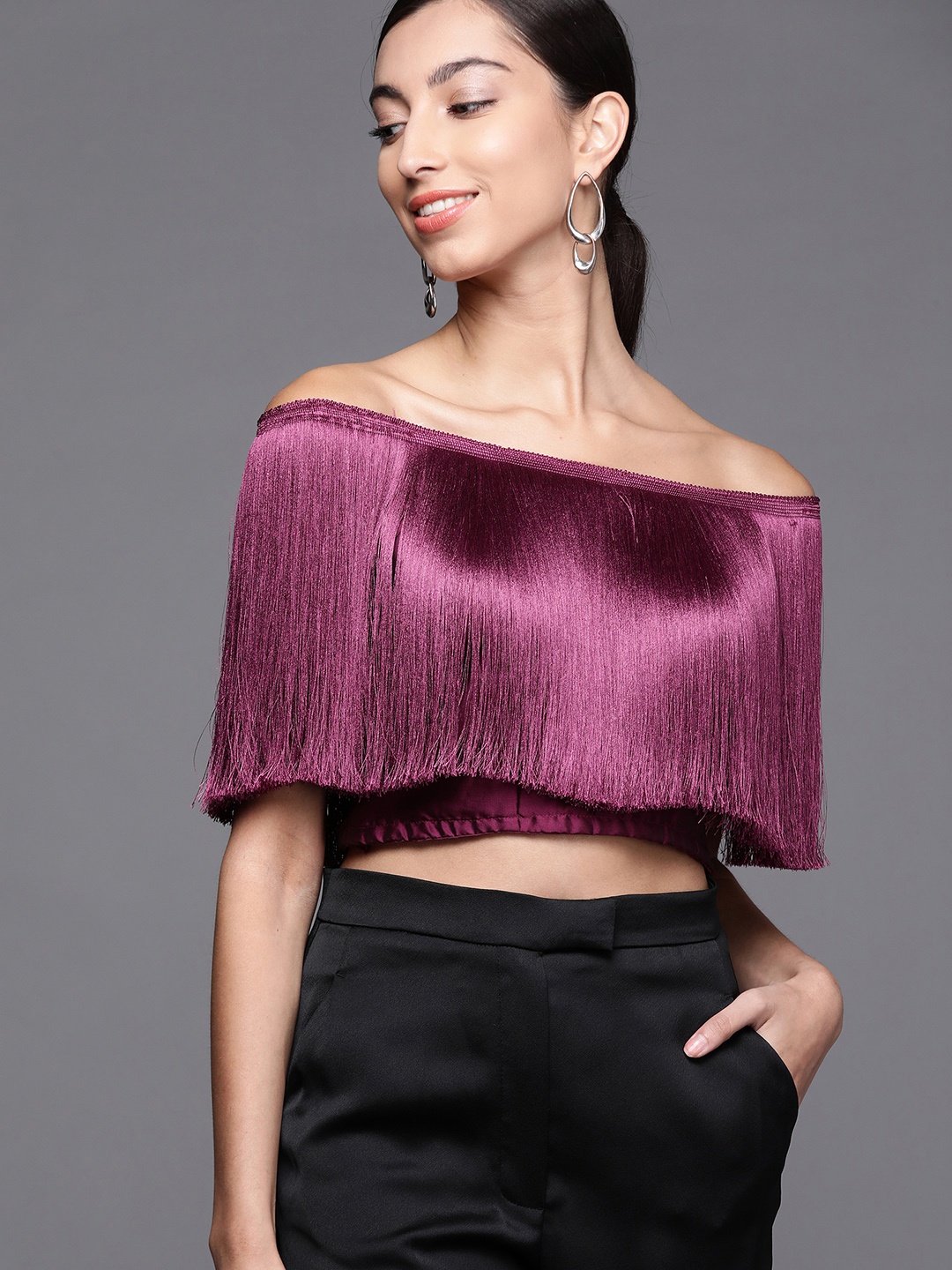 

Inddus Burgundy Off-Shoulder Fringed Crop Top