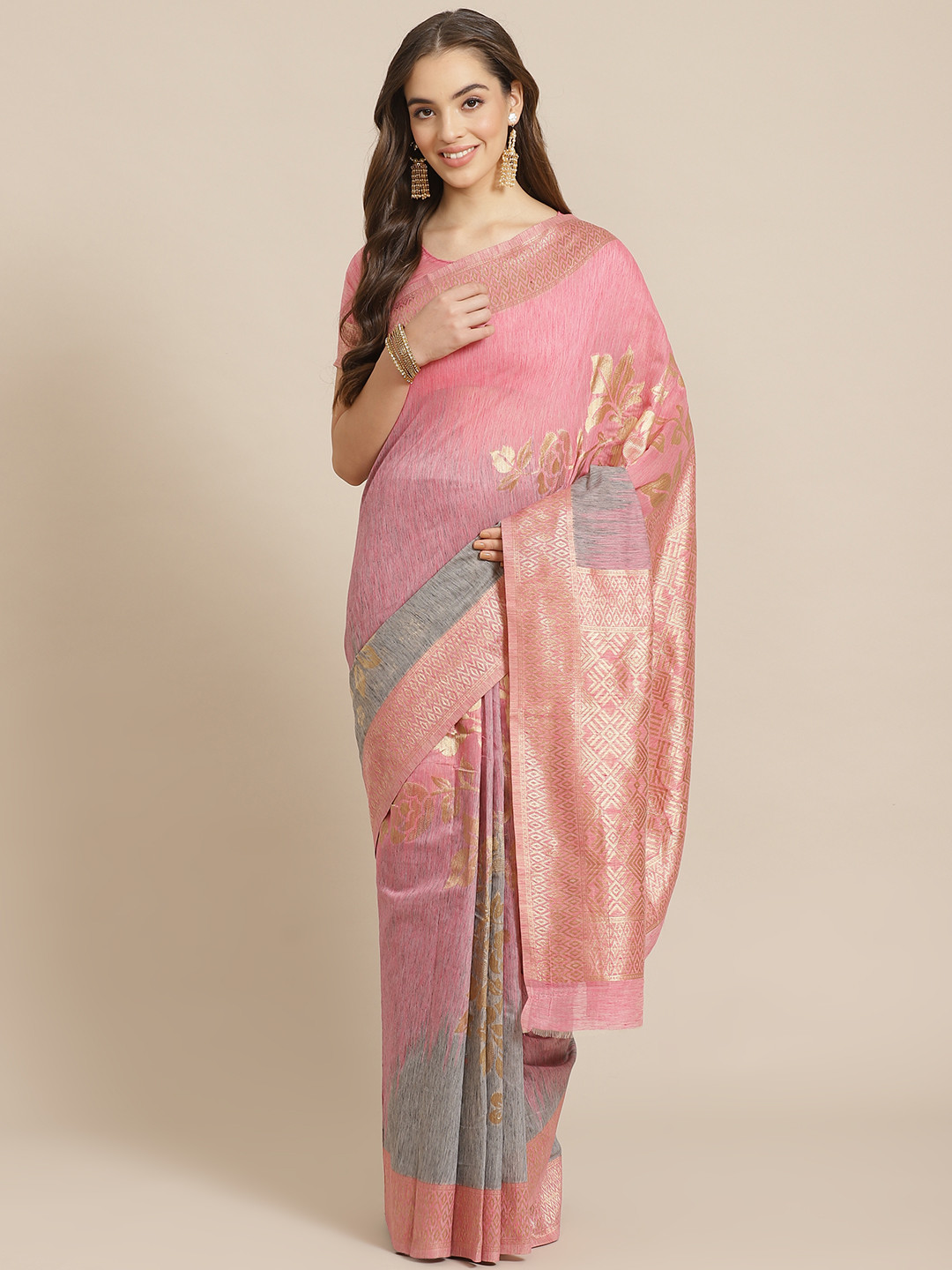 

SHANGRILA Pink & Golden Woven Design Saree