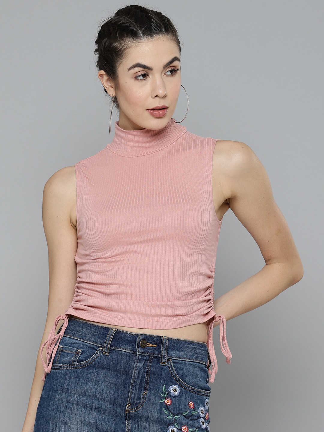 

VividArtsy Women Pink Ruched Fitted Top