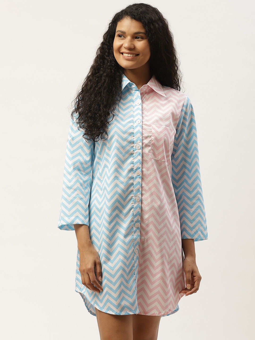 

COTCLO Women Blue & Pink Chevron Print Cotton Nightdress