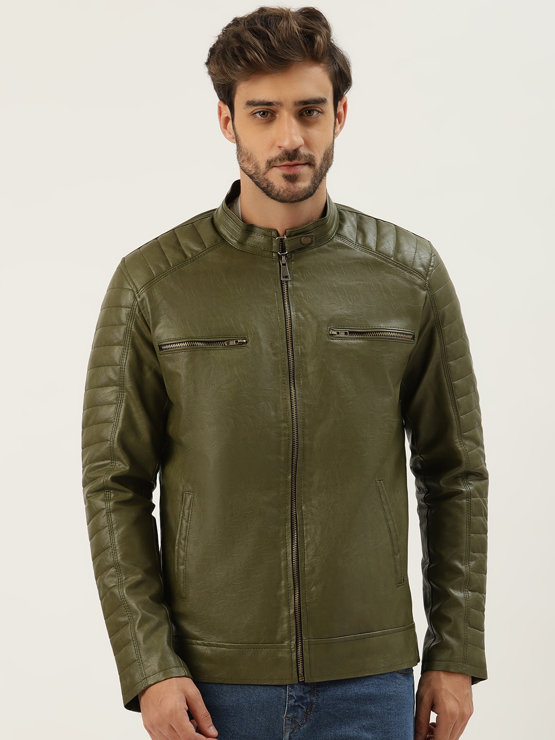 

Leather Retail Men Olive Green Solid Lightweight Leather Jacket