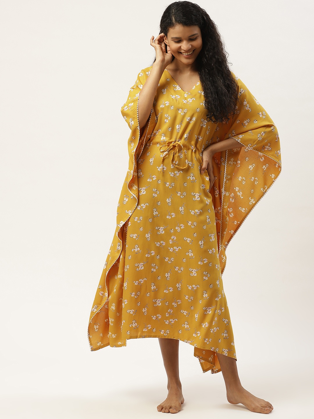 

COTCLO Mustard Yellow & White Romantic Floral Print Midi Kaftan Nightdress