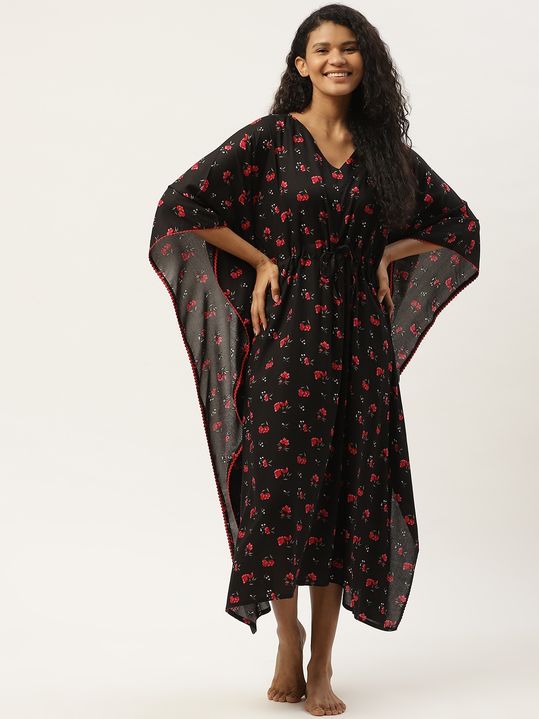 

COTCLO Black & Red Romantic Floral Print Midi Kaftan Nightdress