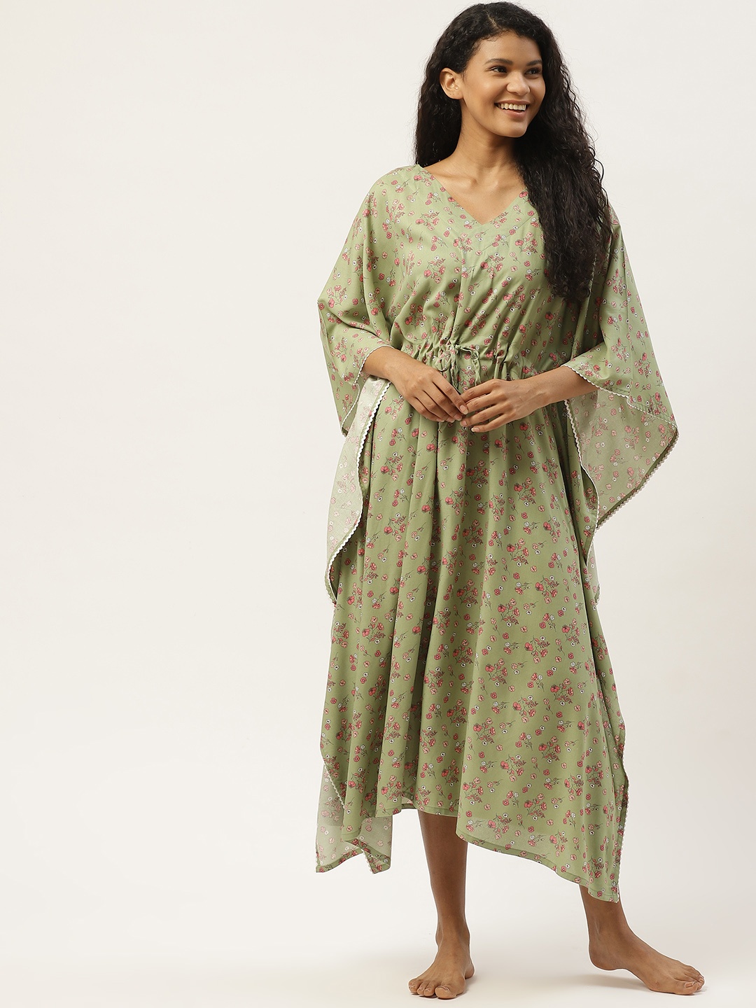 

COTCLO Green & Pink Printed Kaftan Nightdress