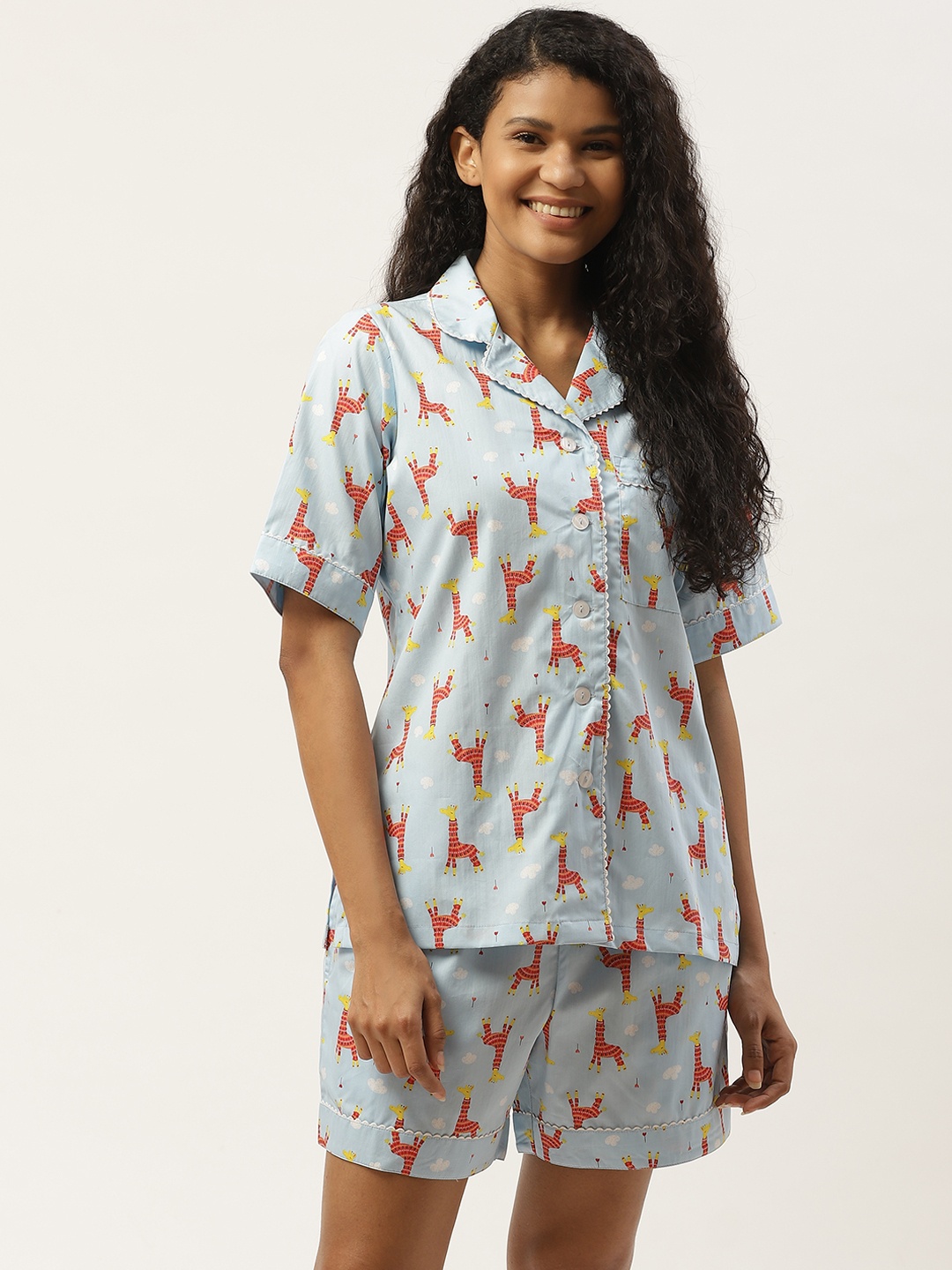 

COTCLO Women Blue & Coral Red Giraffe Print Cotton Night suit