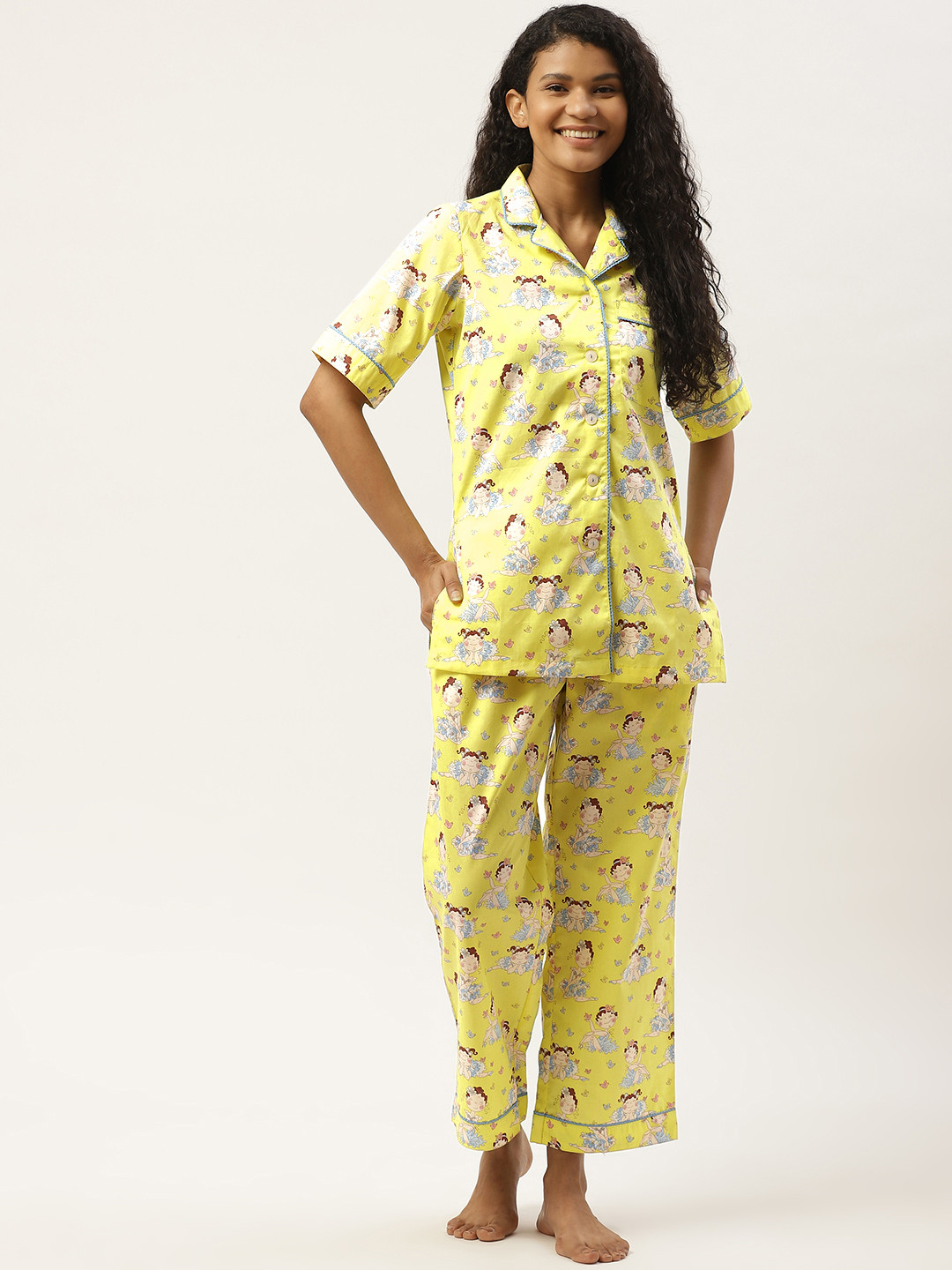 

COTCLO Women Lime Green & Pink Conversational Print Cotton Night suit