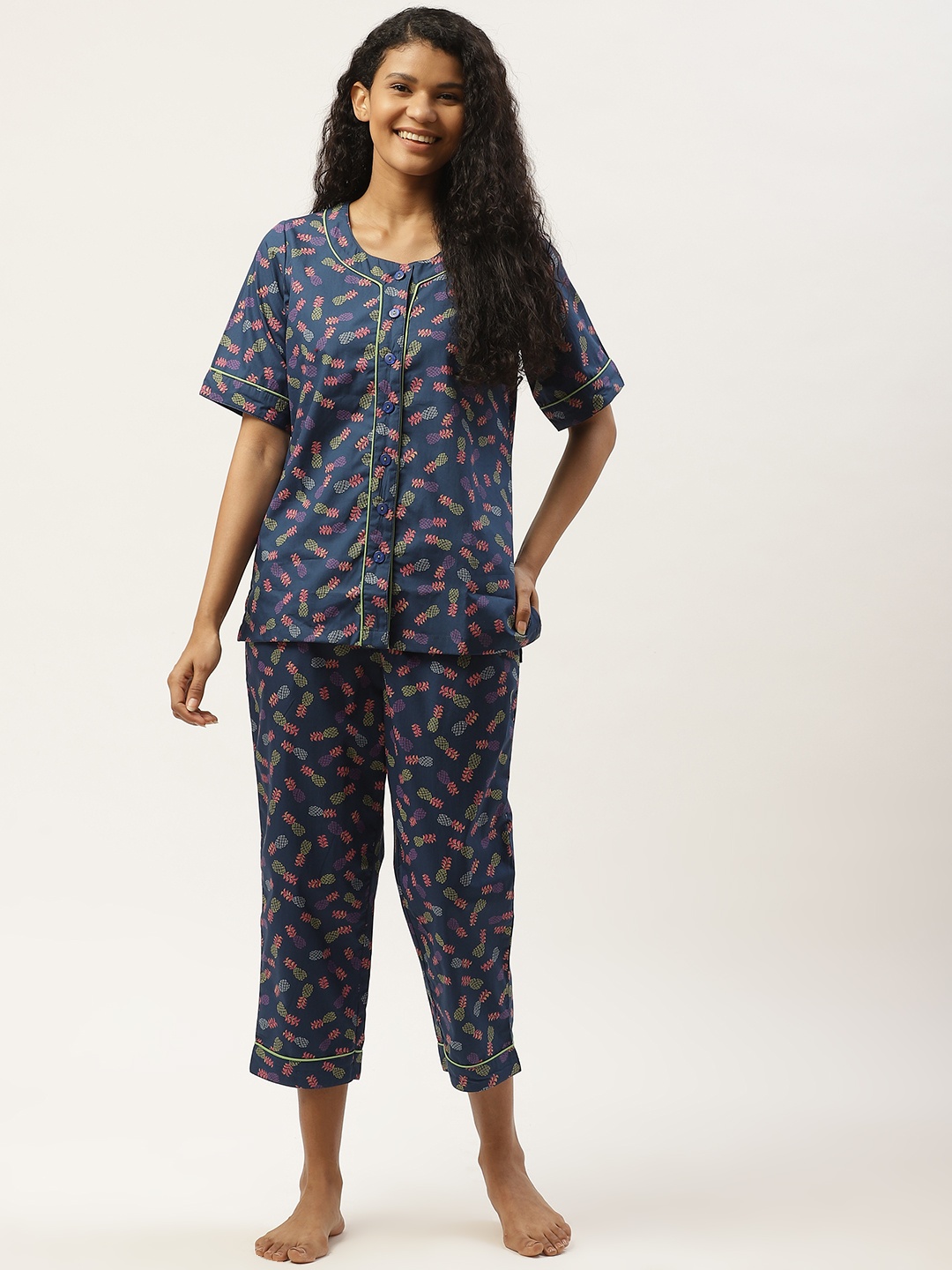 

COTCLO Women Navy Blue & Pink Pineapple Print Cotton Night suit