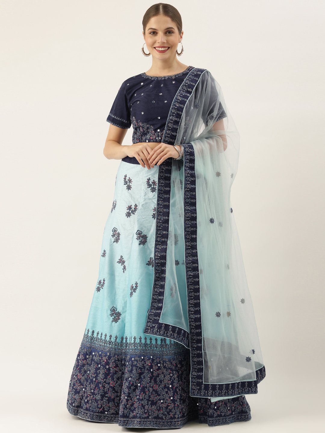 

Shaily Blue Embroidered Thread Work Semi-Stitched Lehenga & Unstitched Blouse With Dupatta
