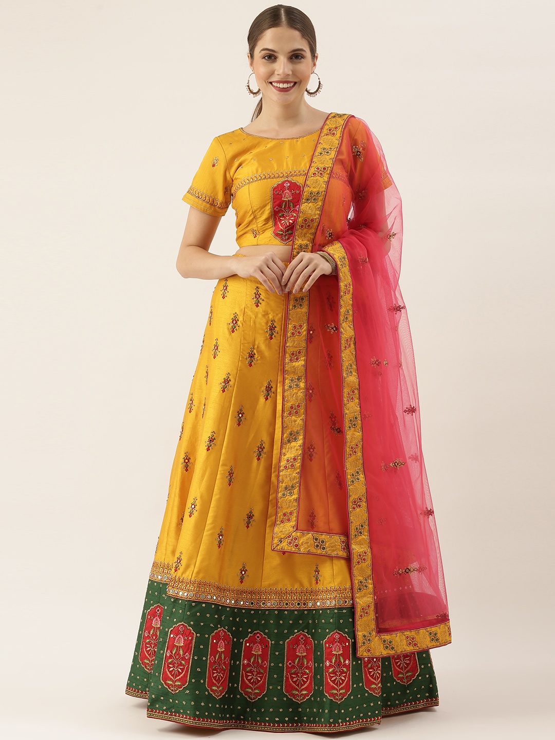 

Shaily Mustard Embroidered Thread Work Semi-Stitched Lehenga & Unstitched Blouse With Dupatta