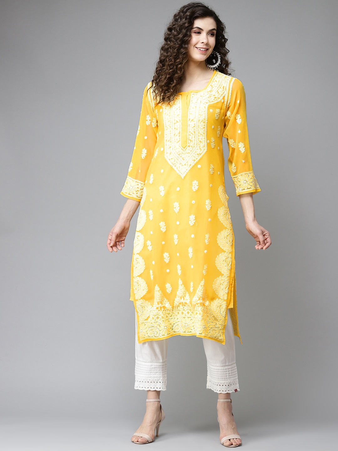 

ADA Women Yellow & White Ethnic Motifs Embroidered Chikankari Georgette Handloom Kurta With Slip