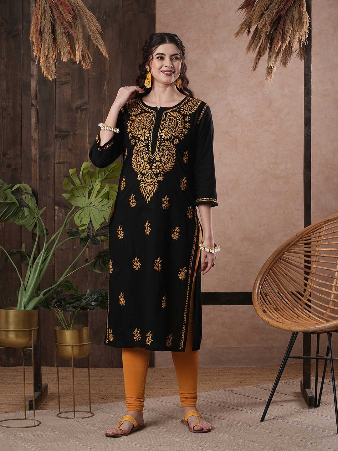 

ADA Women Black & Yellow Ethnic Motifs Chikankari Embroidered Handloom Kurta