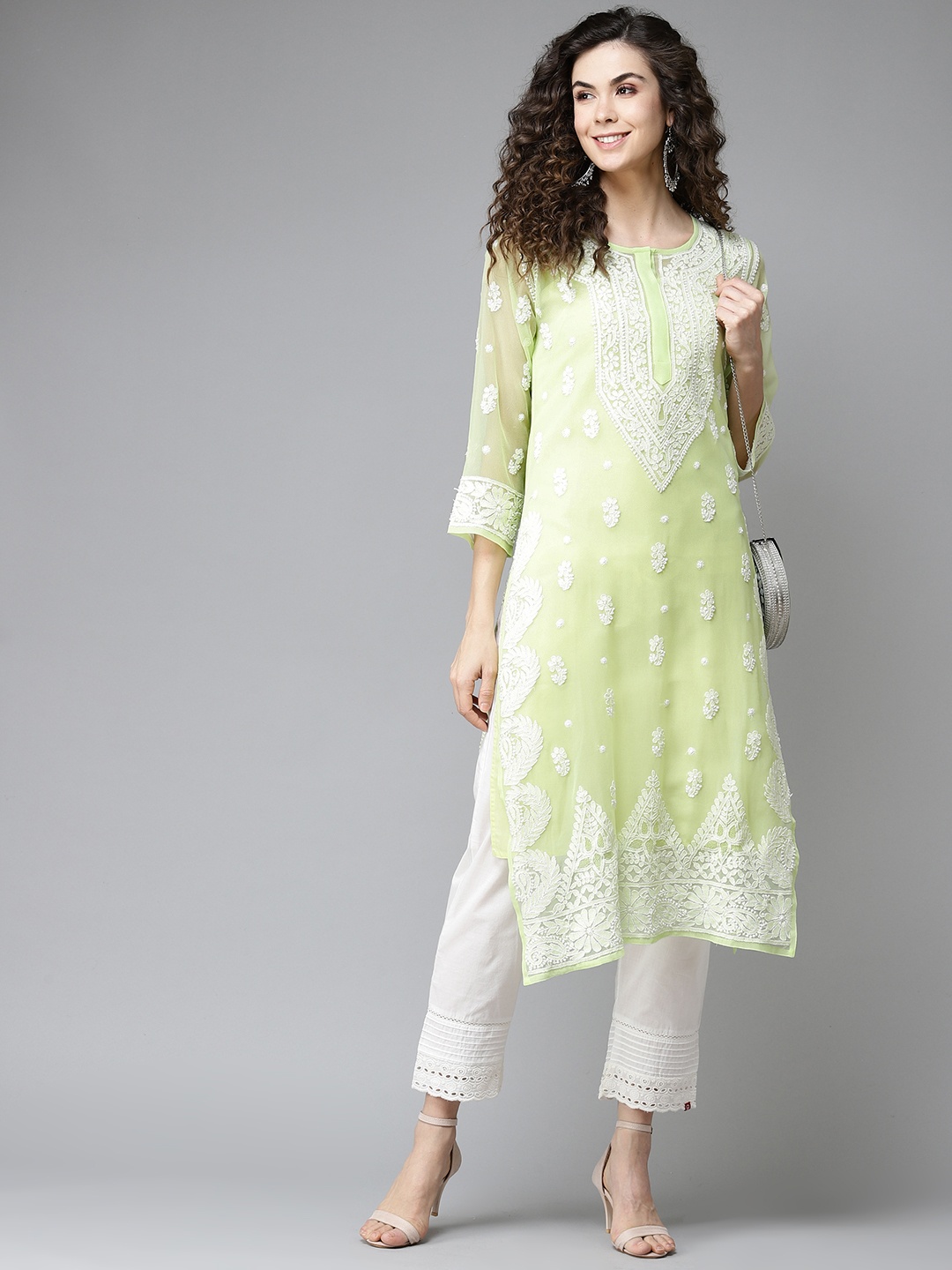 

ADA Women Lime Green & White Ethnic Motifs Embroidered Chikankari Georgette Handloom Kurta With Slip