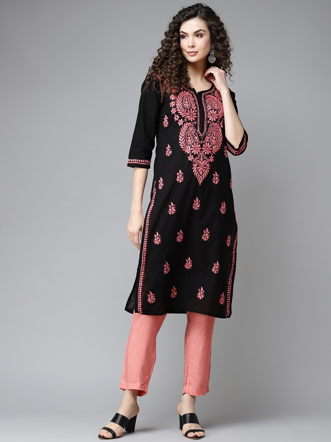

ADA Women Black & Pink Ethnic Motifs Chikankari Embroidered Kurta