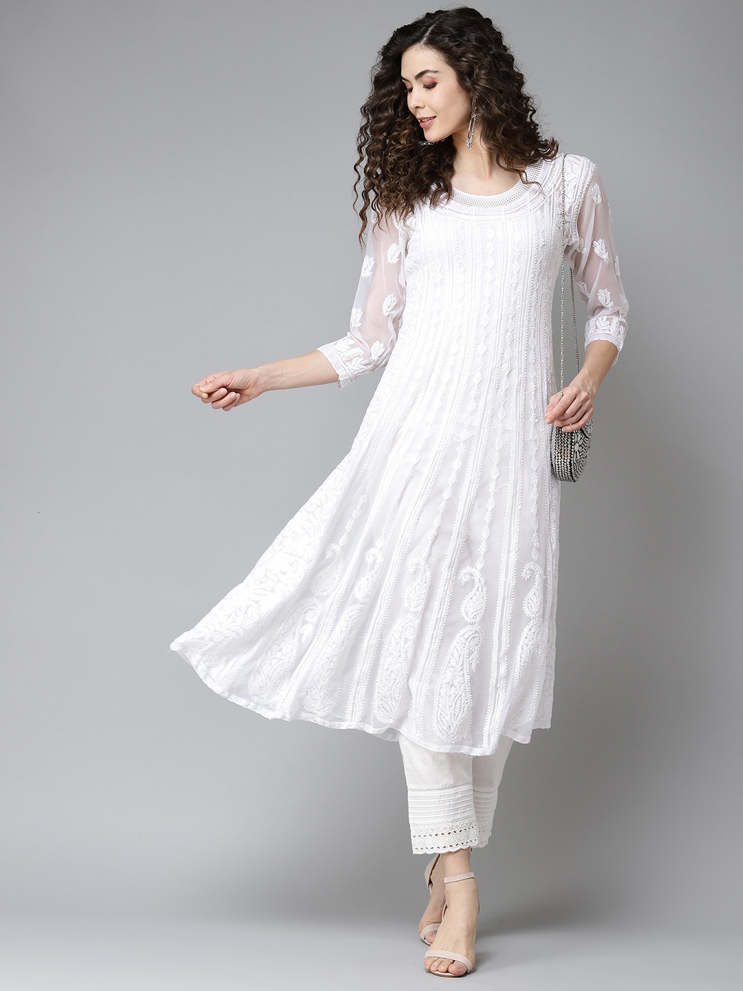 

ADA Women White Ethnic Motifs Embroidered Chikankari Georgette Handloom Kurta