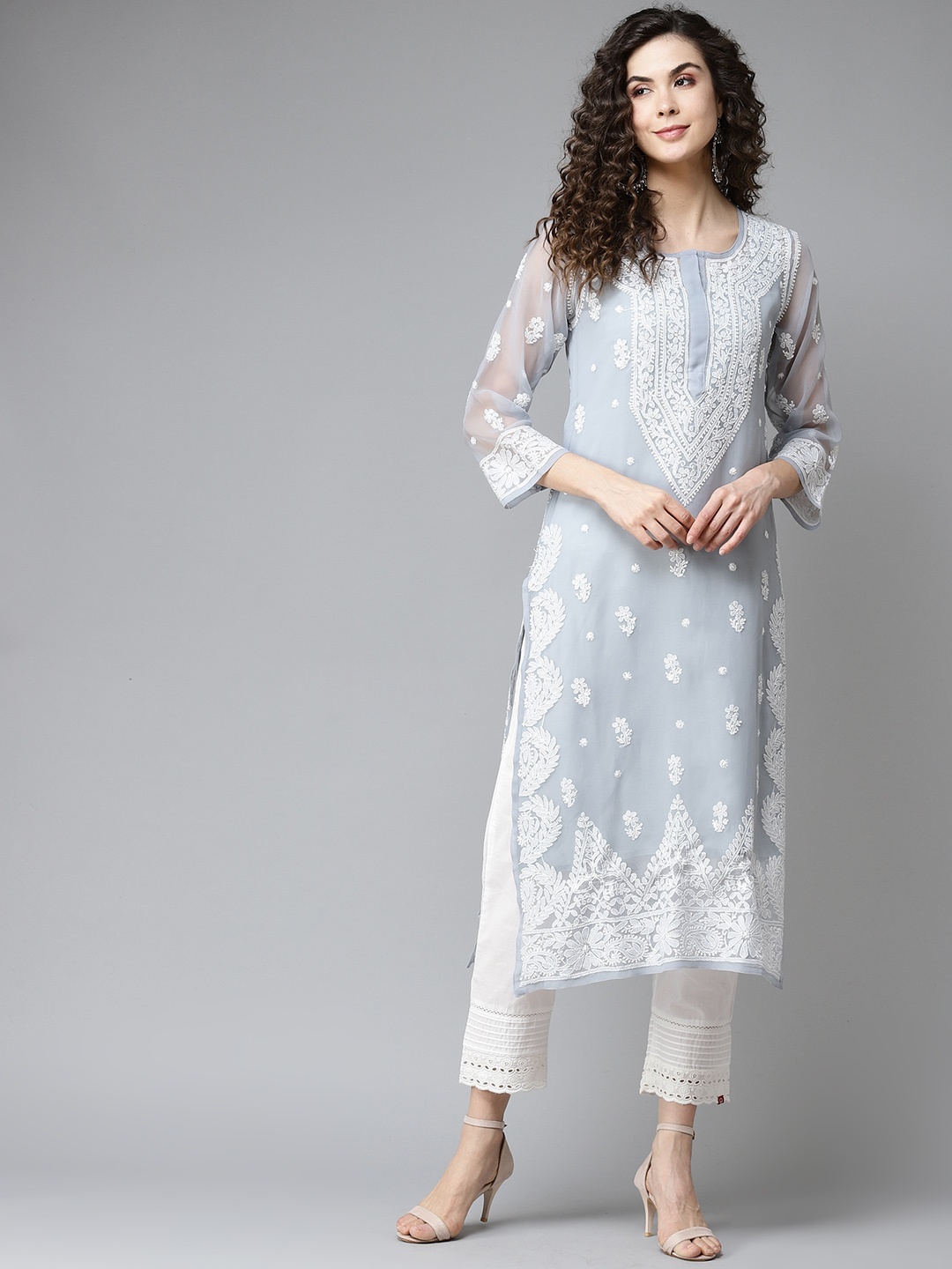 

ADA Women Grey & White Ethnic Motifs Embroidered Chikankari Georgette Handloom Kurta With Slip