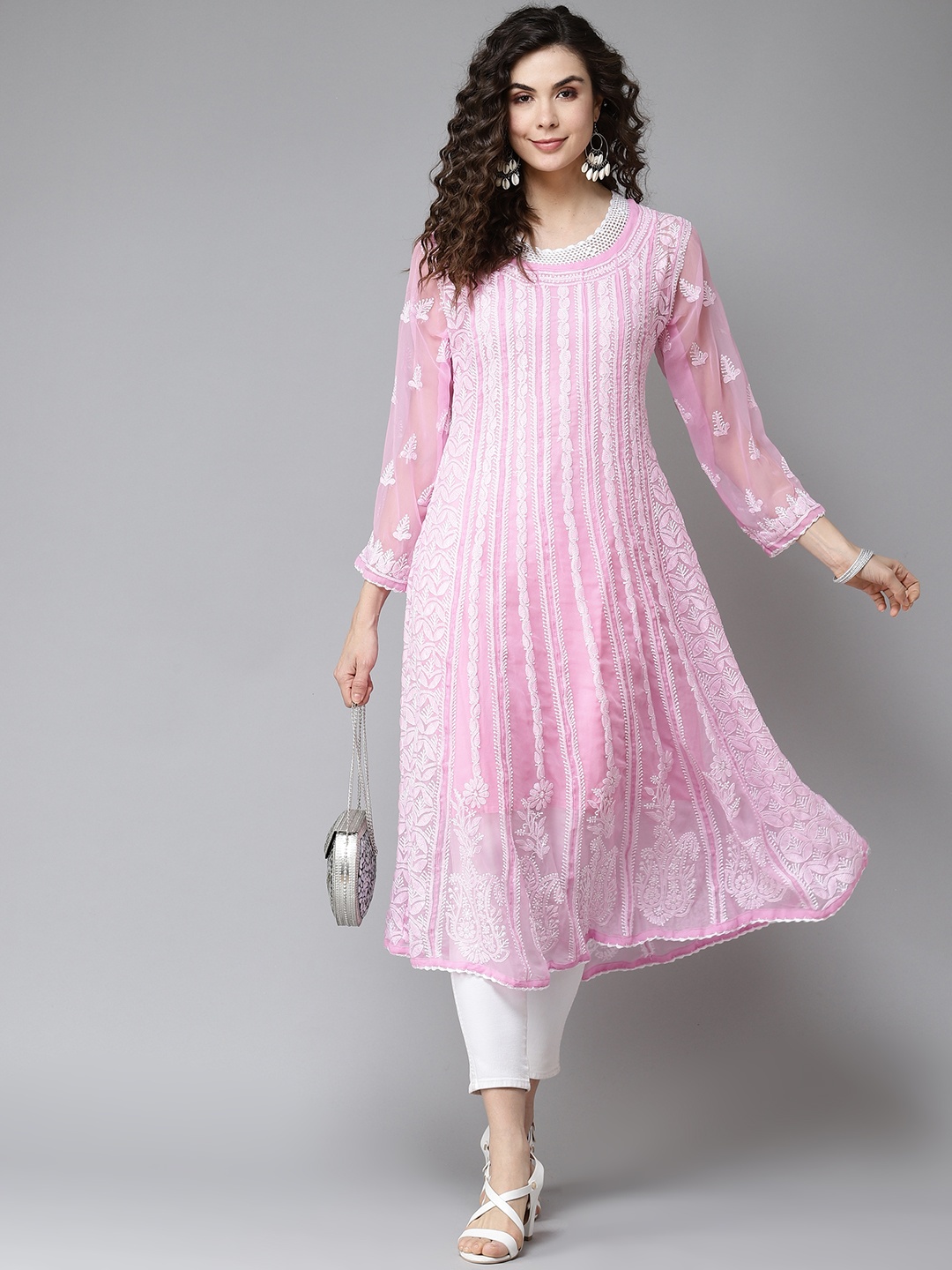 

ADA Women Pink & White Ethnic Motifs Chikankari Embroidered Pastels Georgette Handloom Kurta