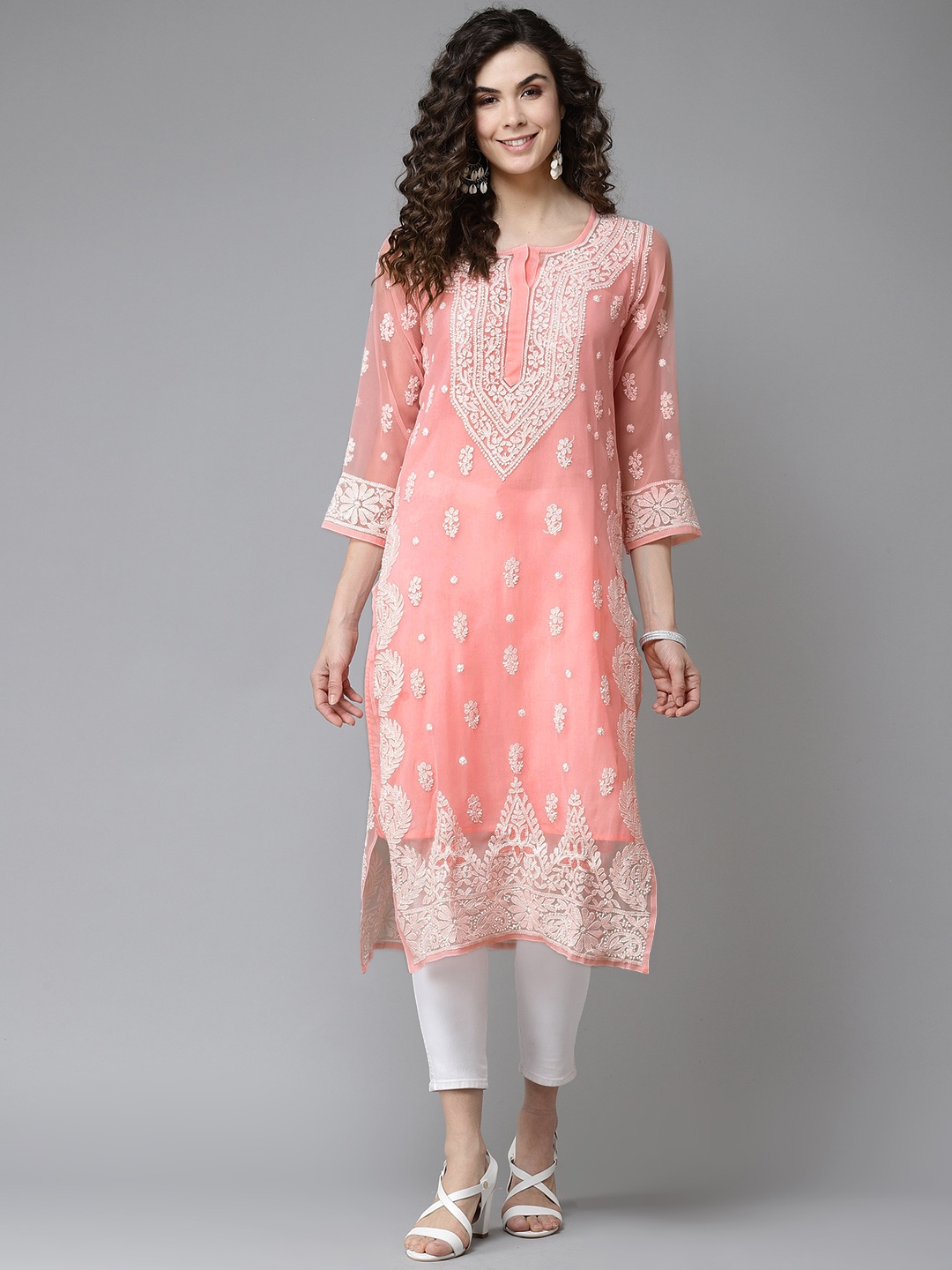 

ADA Women Peach-Coloured & White Ethnic Motifs Embroidered Chikankari Georgette Handloom Kurta With Slip