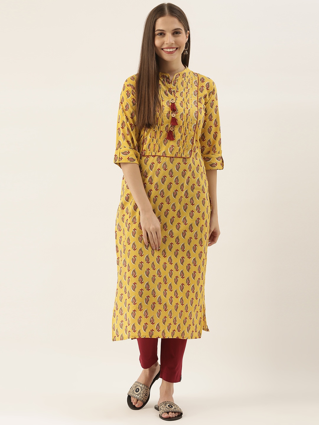 

Rajnandini Women Yellow & Maroon Ethnic Motifs Printed Kurta