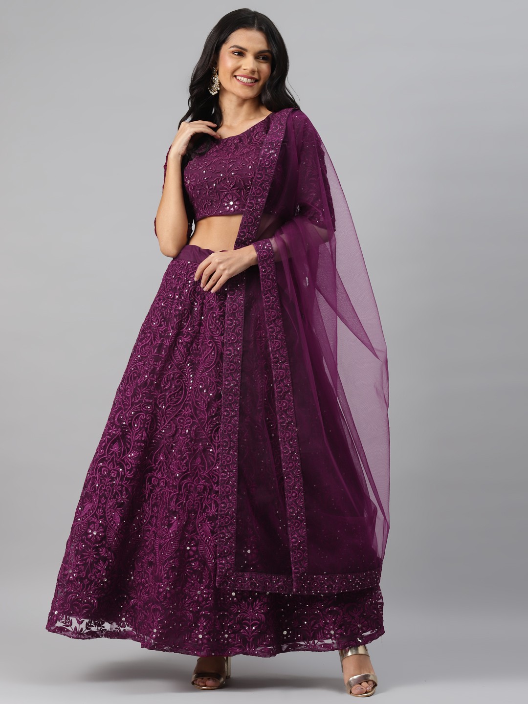 

Readiprint Fashions Wine-Coloured Semi-Stitched Lehenga & Blouse with Dupatta, Purple