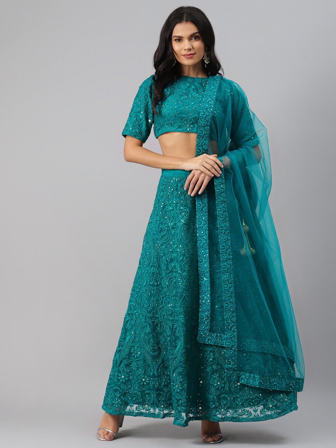 

Readiprint Fashions Teal Blue Semi-Stitched Lehenga & Blouse with Dupatta