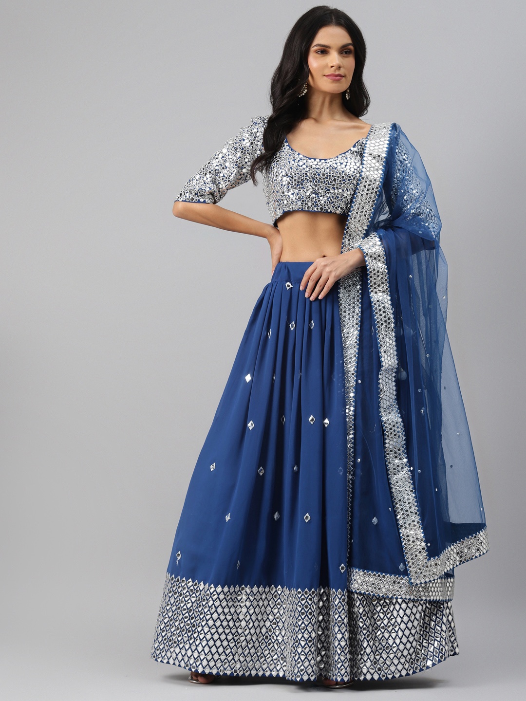 

Readiprint Fashions Blue & Silver-Toned Embellished Semi-Stitched Lehenga & Unstitched Blouse with Dupatta