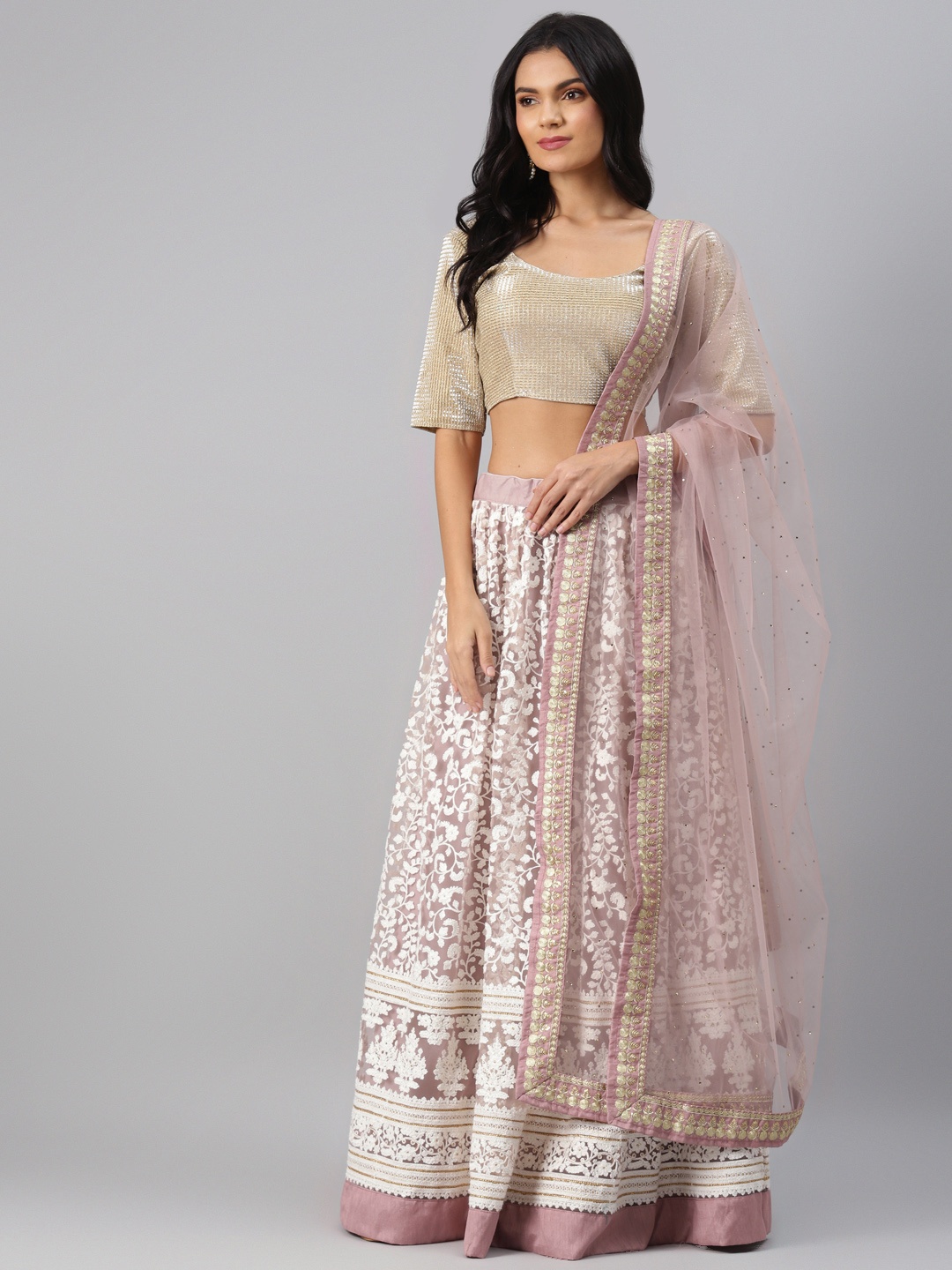 

Readiprint Fashions Mauve & Gold-Toned Woven Design Semi-Stitched Lehenga & Unstitched Blouse with Dupatta